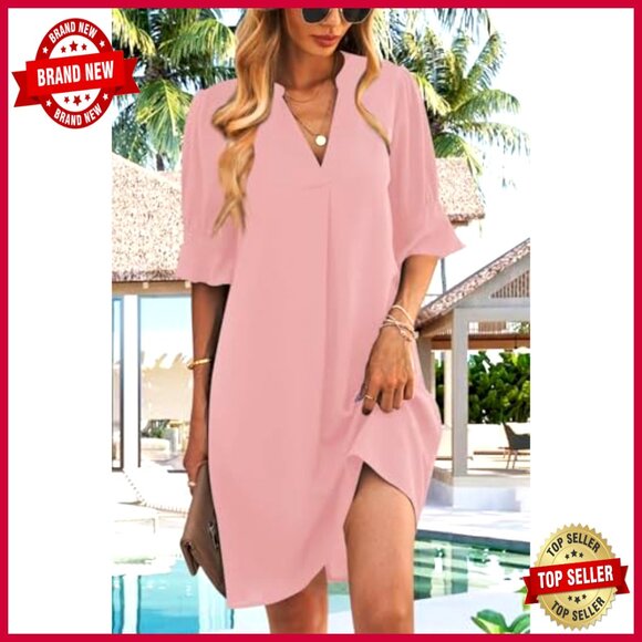 V Neck Shift Dress Short Sleeves Casual Flowy Summer Polyester Soft Lightweight - Picture 2 of 7